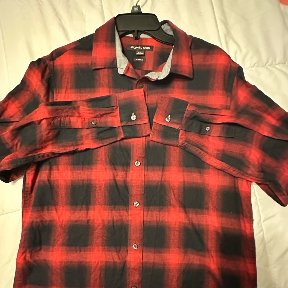 Michael Kors Plaid Red and Black Button Down Long Sleeve Shirt Size L